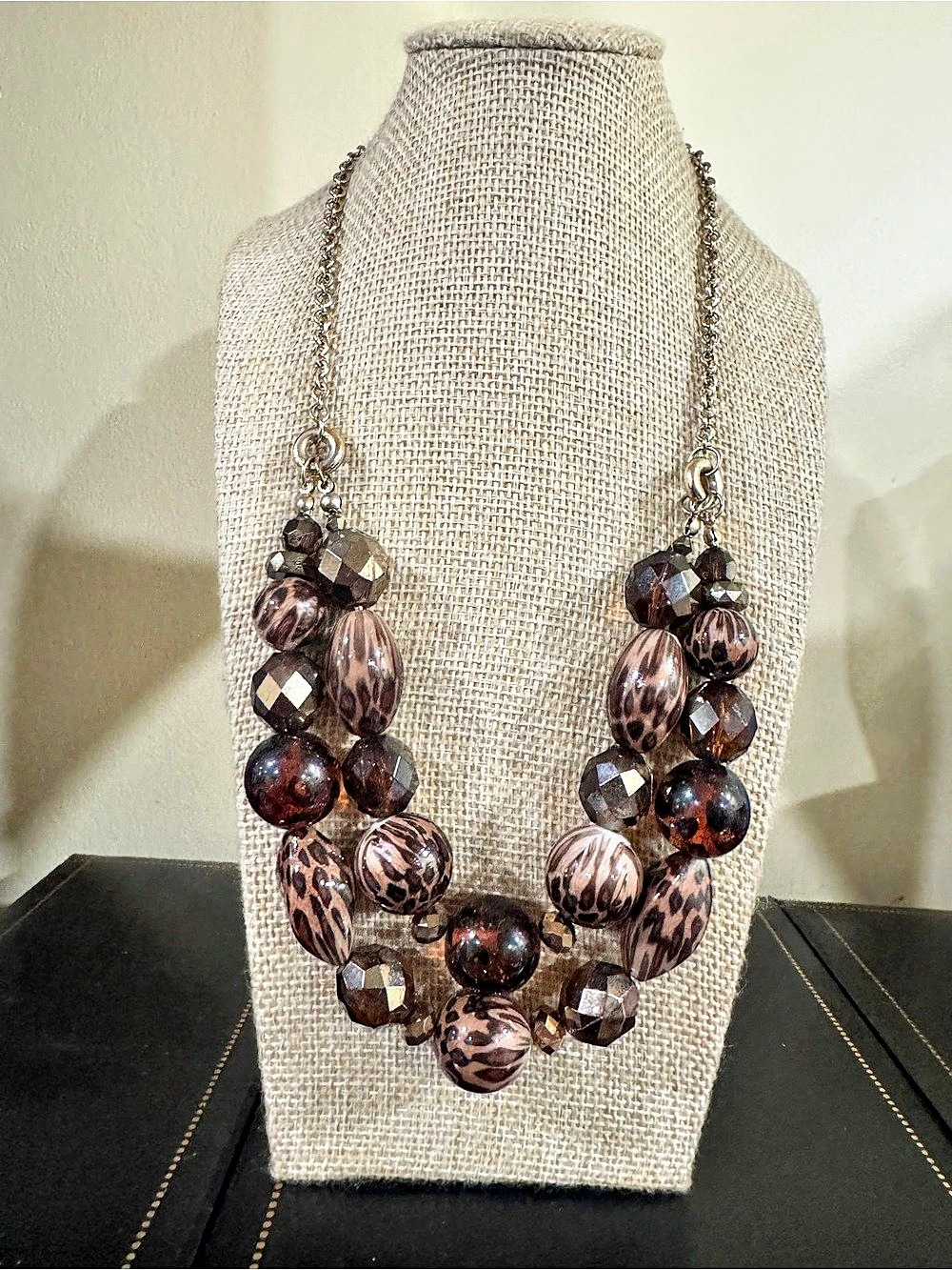 Brown & Gold Animal Print Beaded Necklace